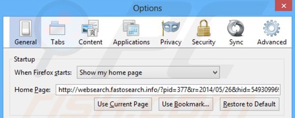 Remoção de websearch.fastosearch.info da página inicial do Mozilla Firefox