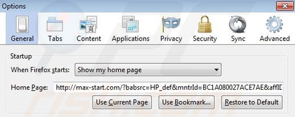 Remoção de Max-start.com da página inicial do Mozilla Firefox