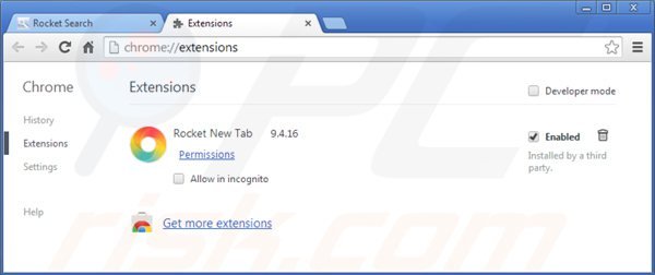 Remova as extensões relacionadas com rocket-find.com do Google Chrome