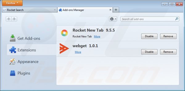 Remova rocket-find.com das extensões relacionadas com Mozilla Firefox