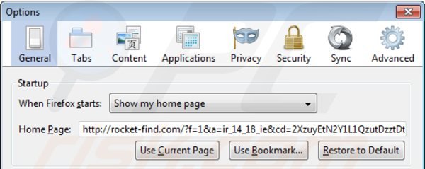 Remova rocket-find.com da página inicial do Mozilla Firefox