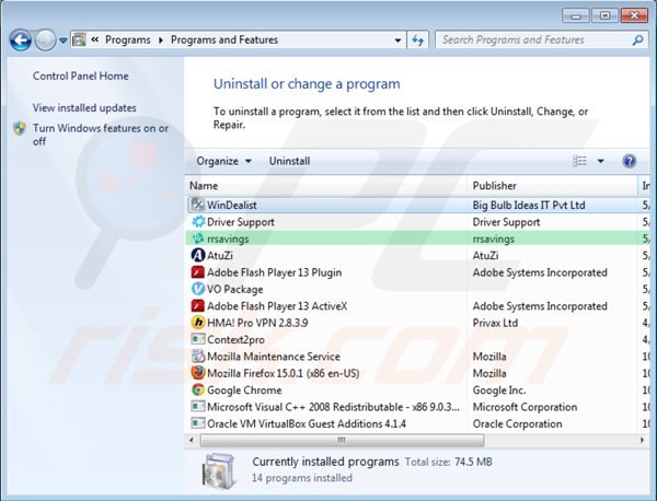 desinstalar rrsavings via Painel de Controlo