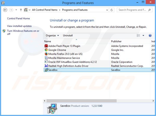 desinstalar o adware savebox via Painel de Controlo