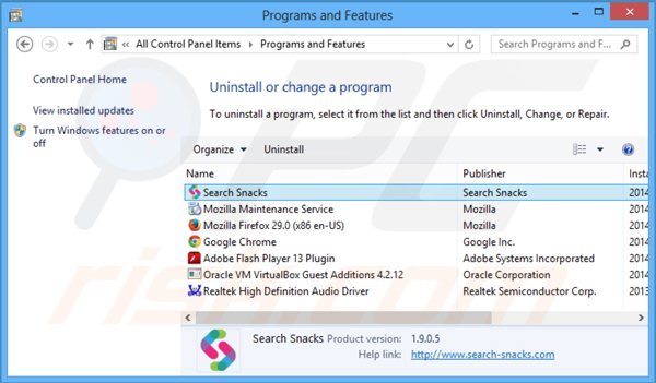 desinstalar search snacks via Painel de Controlo