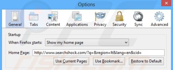 Removendo searchshock.com da página inicial do Mozilla Firefox