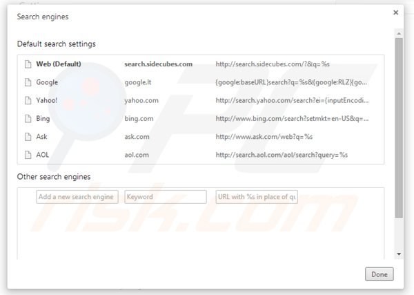 Removendo search.sidecubes.com do motor de busca padrão do Google Chrome
