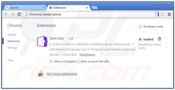 Remoção das extensões relacionadas a search.sidecubes.com do Google Chrome
