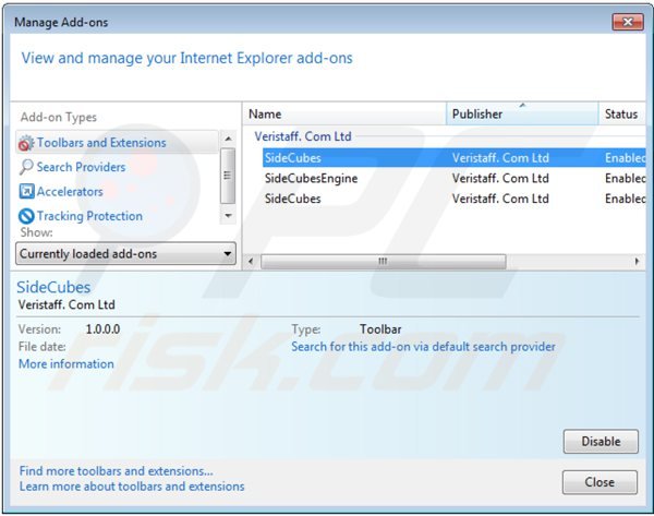 Removendo as extensões relacionadas search.sidecubes.com do Internet Explorer