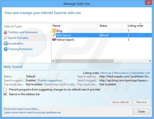 Remova SnapDo das configurações do motor de busca padrão do Internet Explorer