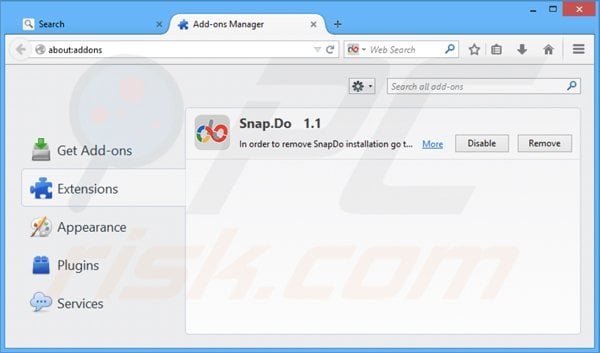Remova SnapDo das extensões relacionadas ao Mozilla Firefox