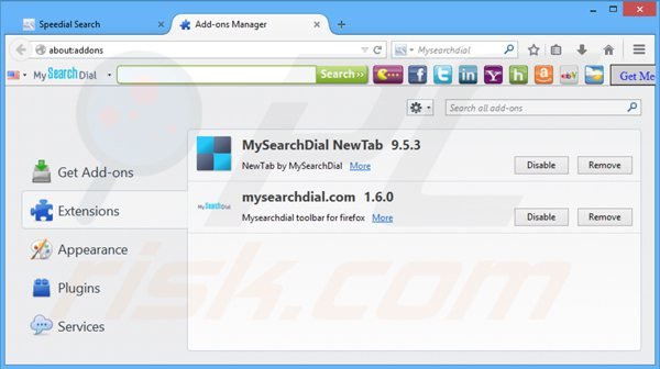 Remova speedial.com das extensões do Mozilla Firefox