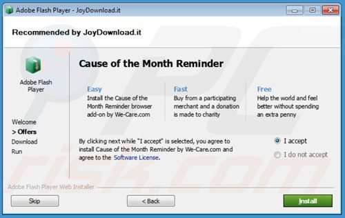 O instalador de software gratuito fraudulento usado na distribuição de adware we-care (Causa do Lembrete do Mês)