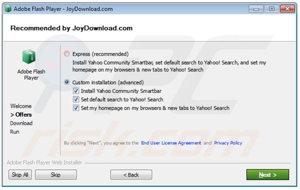 Instalador de software gratuito fraudulento usado na distribuição de adware Yahoo comunidade Smartbar