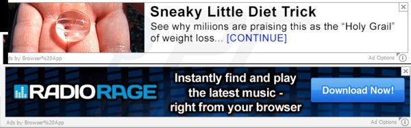 O adware Browser App gera banners intrusivos em vários sites ('Anúncios por Browser App')