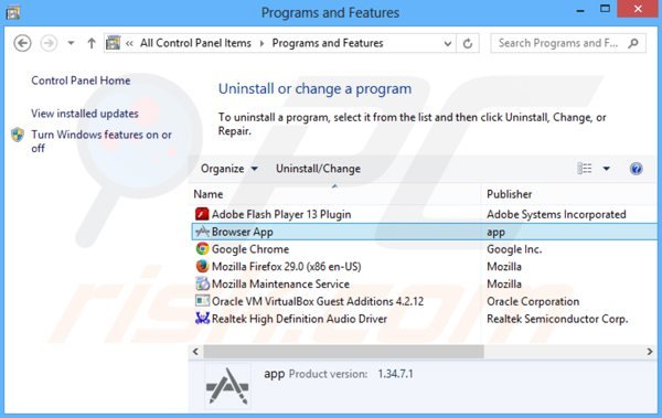 desinstalar o adware browser app via Painel de Controlo