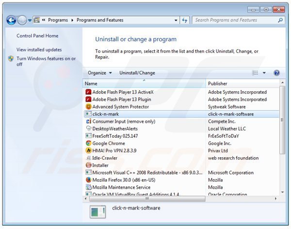 desinstalar o adware clicknmark via Painel de Controlo