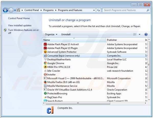 desinstalar o adware consumerinput via Painel de Controlo