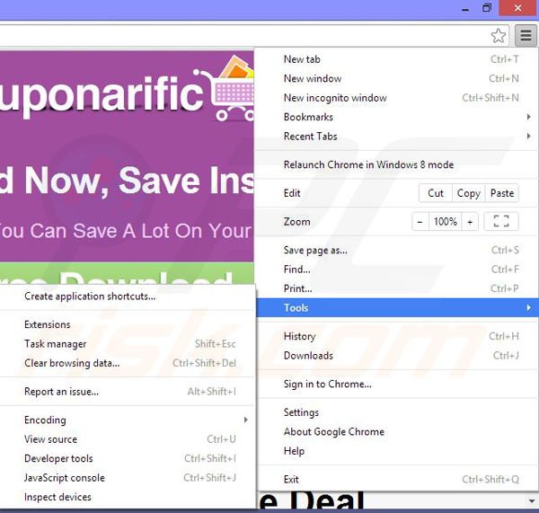 Remova os anúncios Couponarific do Google Chrome passo 1