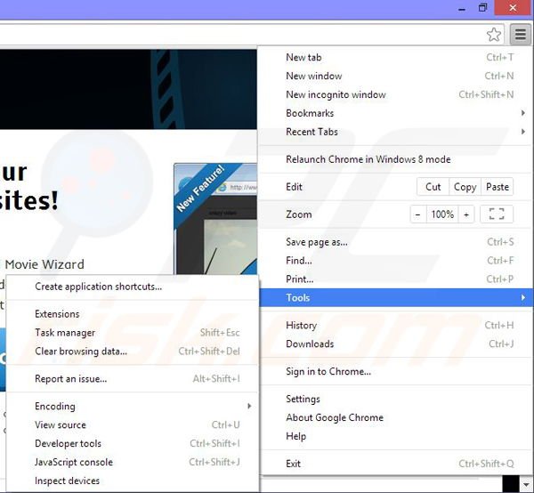 Removendo os anúncios Movie Wizard do Google Chrome passo 1