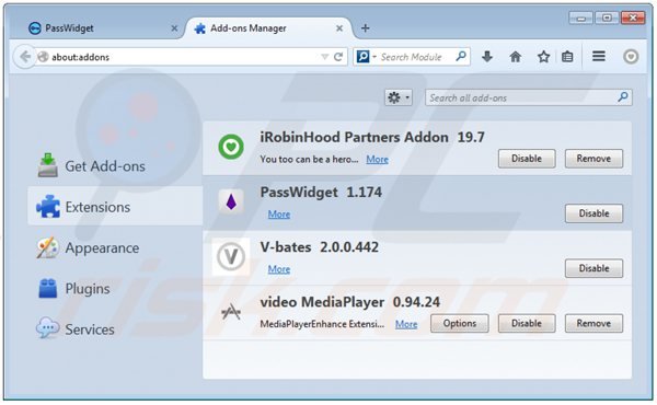 Remova PassWidget do Mozilla Firefox passo 2