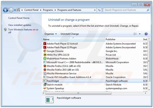 desinstalar o sequestrador de navegador passwidget via Painel de Controlo