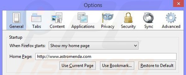 Remova o sequestrador de navegador Astromenda do Mozilla Firefox passo 2