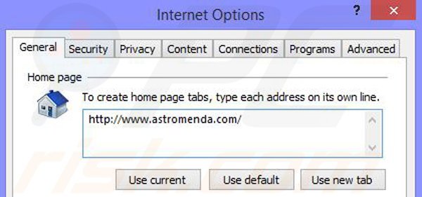 Remova o sequestrador de navegador Astromenda do Internet Explorer passo 2