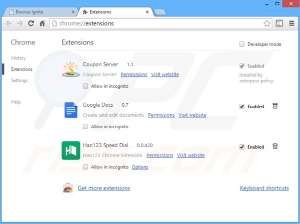 Remova os anúncios browseignite do Google Chrome passo 2