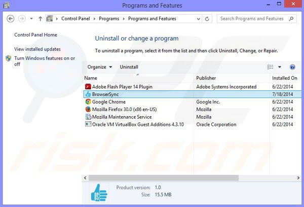desinstalar o adware BrowserSync via Painel de Controlo