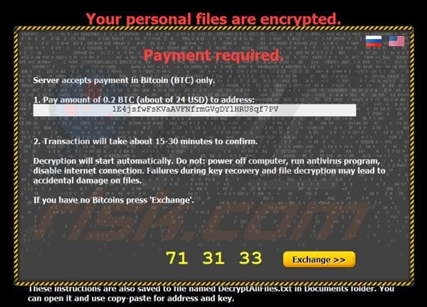 A página de pagamento do ransomware 'Os seus ficheiros pessoais foram encriptados'