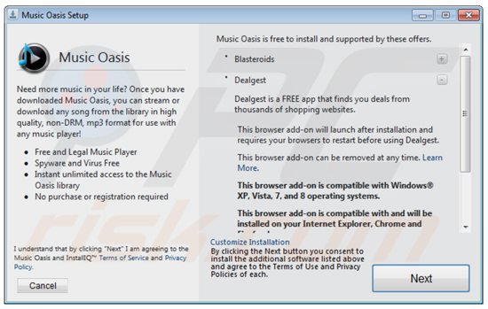 Screenshot de um descarregamento de software gratuito enganoso promovendo o complemento DealGest
