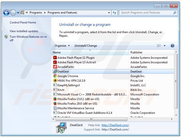 Desinstalar o adware dealgest via Painel de Controlo