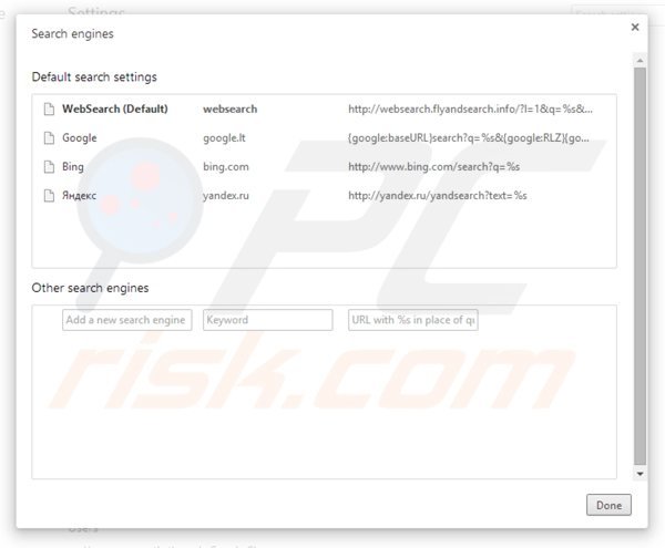  Removendo websearch.flyandsearch.info do motor de busca padrão do Google Chrome