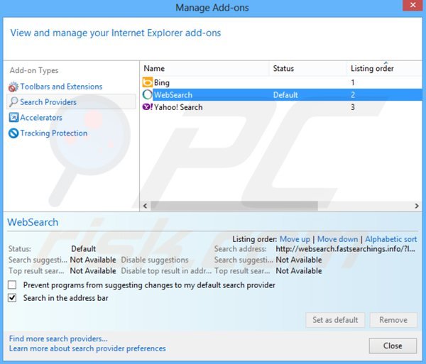 Removendo websearch.flyandsearch.info do motor de busca padrão do Internet Explorer