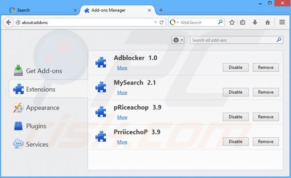 Removendo as extensões de websearch.flyandsearch.info relacionadas com o Mozilla Firefox