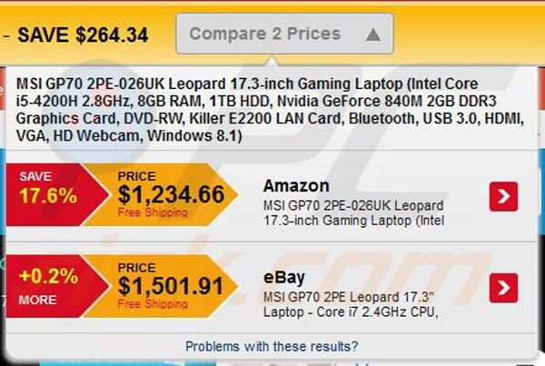 Anúncios ('Cheaper price found') gerados pelo adware foxydeal