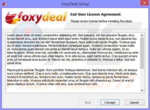 Configuração de instalação do adware foxydeal
