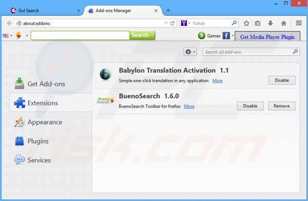 Remover as extensões relacionados a GolSearch ao Mozilla Firefox