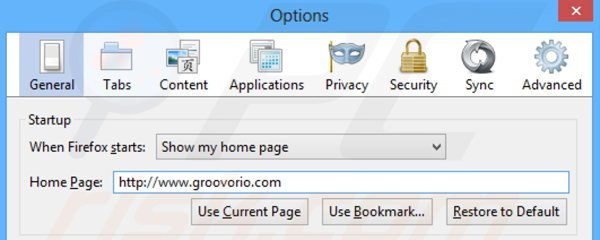 Remova Groovorio.com da página inicial do Mozilla Firefox