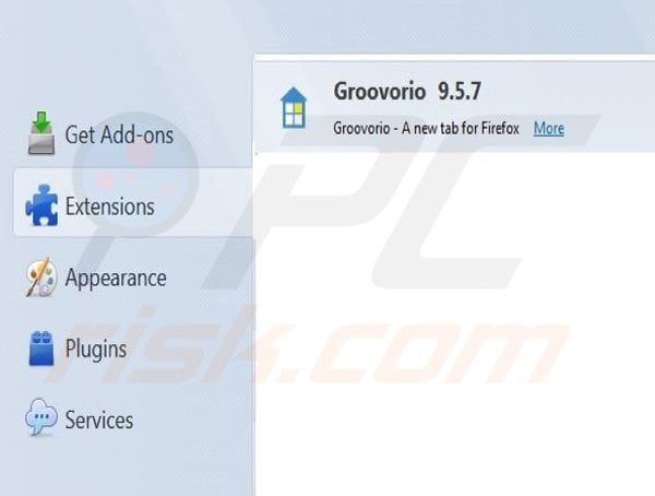 Remova Groovorio.com das extensões do Mozilla Firefox