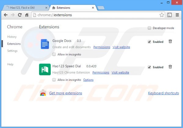 Remova as extensões relacionadas com o Hao123.com do Google Chrome