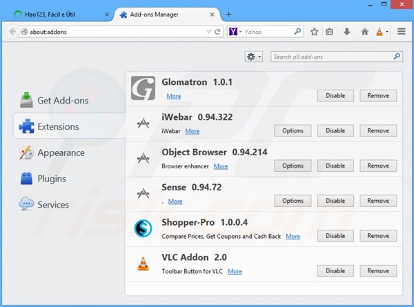 Remova as extensões relacionadas com hao123.com do Mozilla Firefox