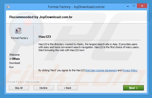 Instalador de software gratuito fraudulento usado na distribuição do sequestrador de navegador Hao123.com