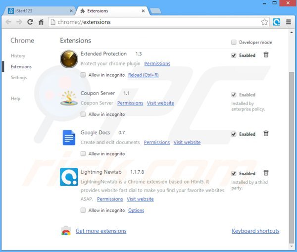 Remova as extensões relacionadas com istart123.com do Google Chrome