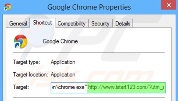 Remova istart123.com do atalho do Google Chrome passo 2