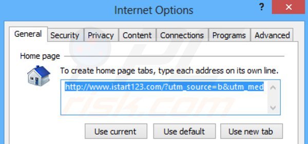 Removing istart123.com from Internet Explorer homepage