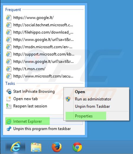 Faça a reparação do destino do atalho do Internet Explorer passo 1