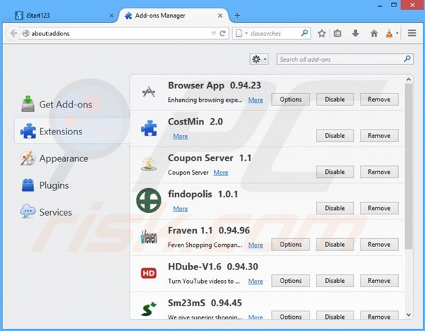 Remova istart123.com das extensões do Mozilla Firefox
