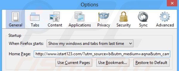 Remova istart123.com da página inicial do Mozilla Firefox