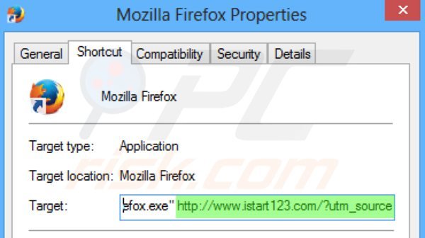 Remova istart123.com do atalho do Mozilla Firefox passo 2